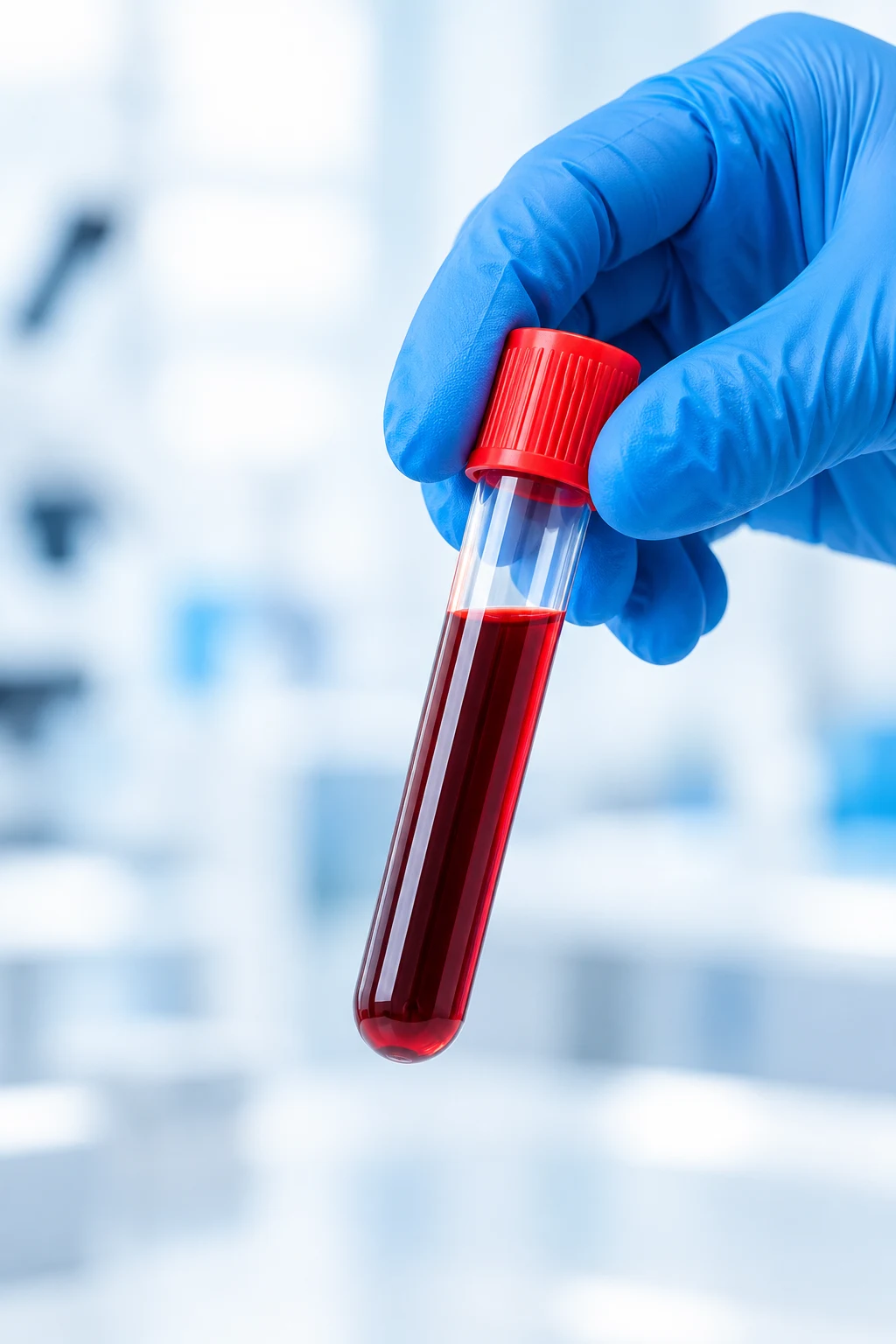 Gloved hand holding a capped blood sample vial